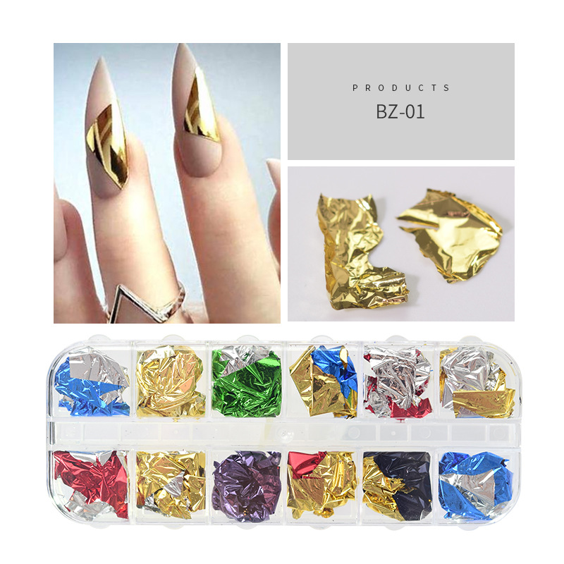 Accesorios de manicura nuevo estilo japonés manicura hoja de oro seda 12 colores en caja de oro fino y fragmentos de hoja de plata DIY papel de aluminio decorativo