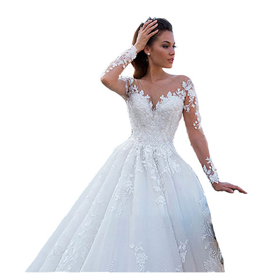 Cross-border Wedding Dress V-neck European and American Foreign Trade 2024 New Large Trailing Wedding Dress Retro Sexy Tulle Long Sleeve Wedding Dress