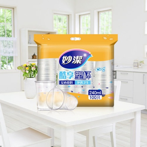 Miaojie disposable cup plastic cup aviation cup tea cup 100 pieces 240ml drink cup commercial thickening affordable package 