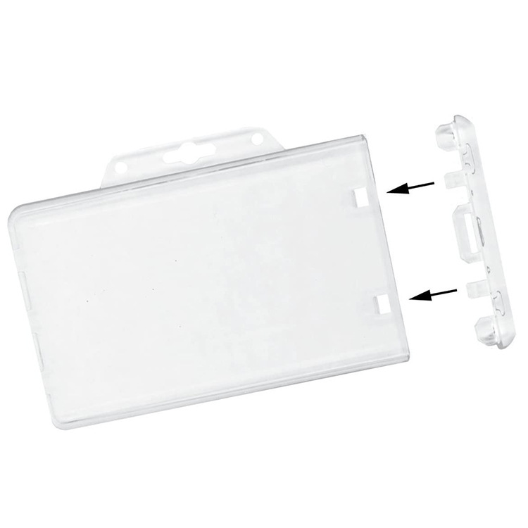 Venta caliente transfronteriza ABS transparente horizontal de plástico titular de la tarjeta de bloqueo titular de la tarjeta de identificación PC de plástico duro insignia en stock
