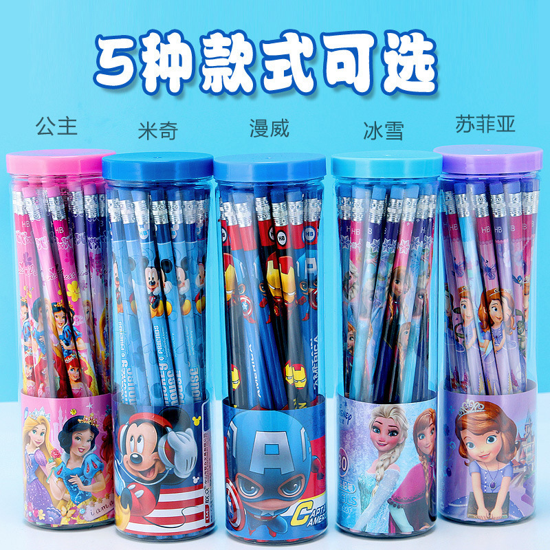 Disney Barrel Pencil HB Round Rod Marvel Mickey Pupil Pencil Continuous Core Test Pencil with Rubber Head