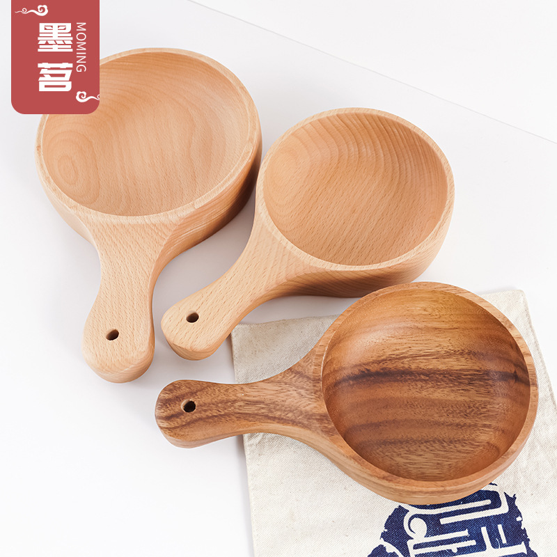 Tazón de cuchara de agua de madera de haya, tazón de kimchi, mango redondo de madera maciza, tazón de ensalada, vajilla de cocina de madera, tazón de madera al por mayor
