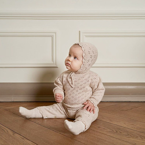 New Autumn  Knitted Onesie for Baby Girls with Lace Trim, Long Sleeve, Hat, and Crawling Suit