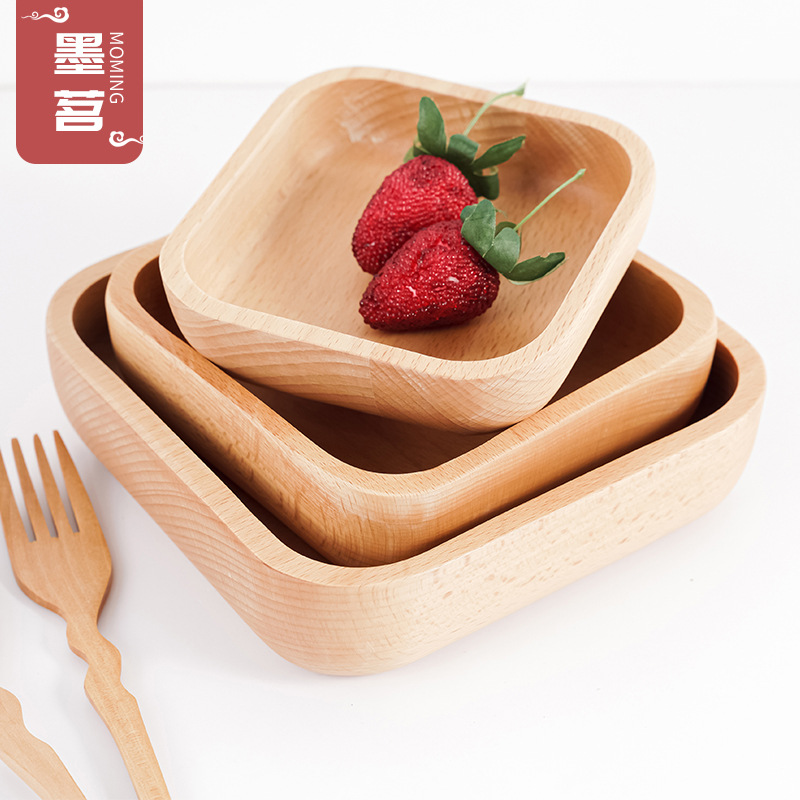 Haya creativo japonés y coreano estilo nórdico cuadrado ensaladera madera maciza engrosada melón plato de frutas plato de punto tazón de madera pedido al por mayor