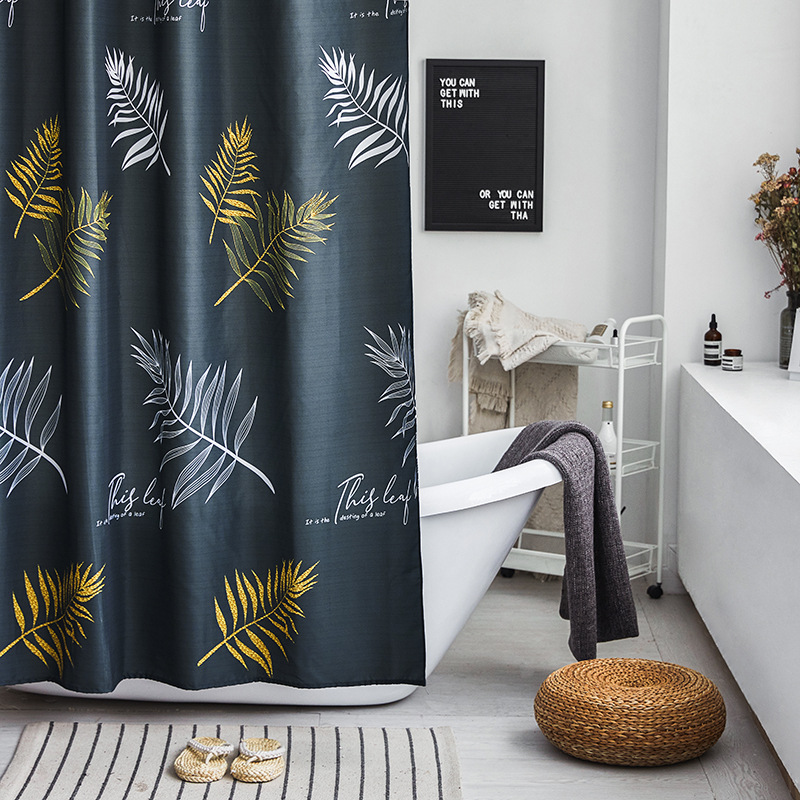 Yunyang Scandinavian Feather Leaf Bathroom Waterproof Shower Curtain Set No Punching Bathroom Partition Curtain Shower Curtain Bath Door