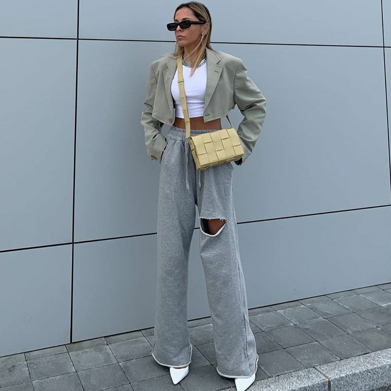 Meiluoshi European and American Street Style Grey Black Loose Ripped Straight Leg Wide Leg Pants Green Personality Draped Casual Trendy Sports Pants