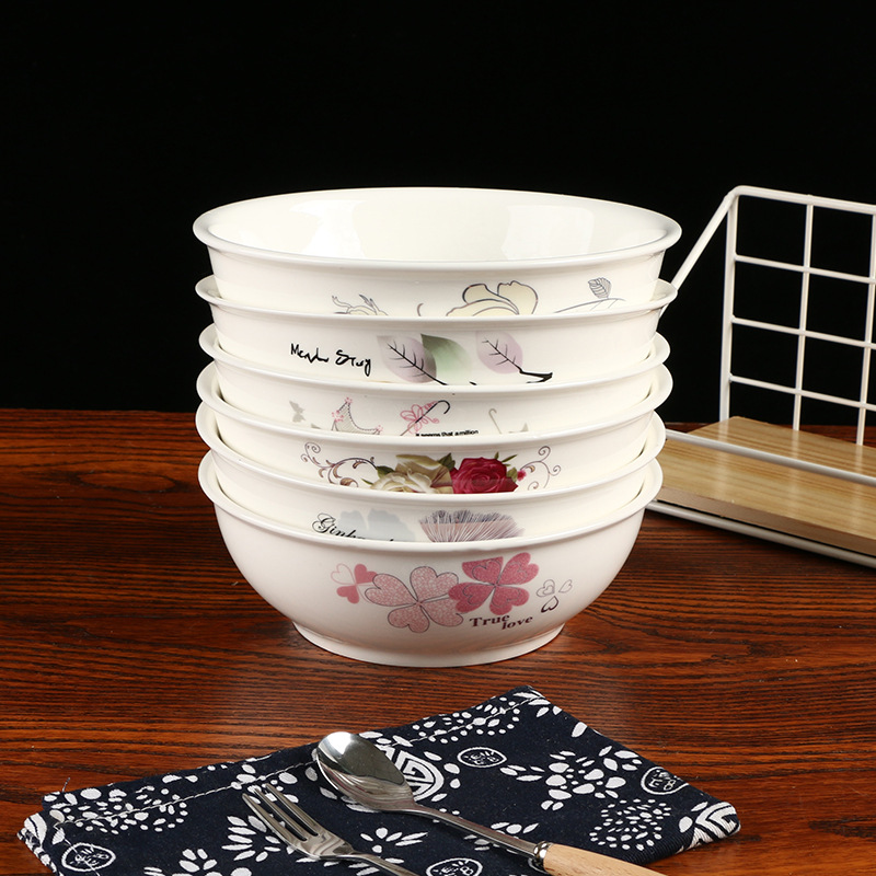 7寸印花甄古碗 酒店餐具陶瓷碗盘 家用汤碗面条盆大量现货可定 制