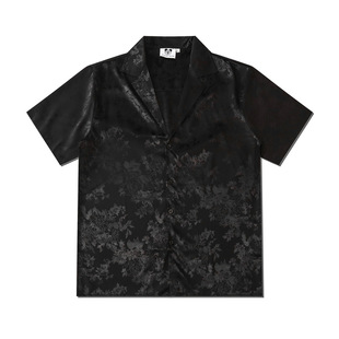 Yibo Tongping New Style Distinctive Street Hip Hop Beach Loose Black Pattern Flower Short Sleeve Shirt Cardigan for Men and Women