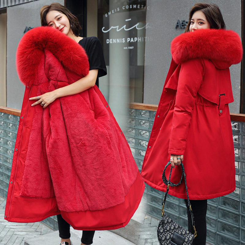 Chaqueta de invierno de algodón para mujer estilo coreano, largo medio con cuello grande de piel y forro polar, moda y mayorista de comercio exterior