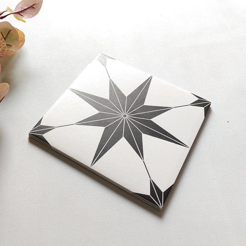 ♔ Black and White Small Floral Tiles 200X200 Mosaic Tiles for Restaurant and Guesthouse Non-Slip Floor Tiles Decoration Tile