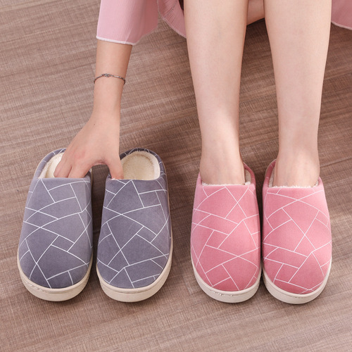 Autumn and winter simple hotel slippers women's thick-soled home indoor couple hair slippers men's warm home cotton slippers winter