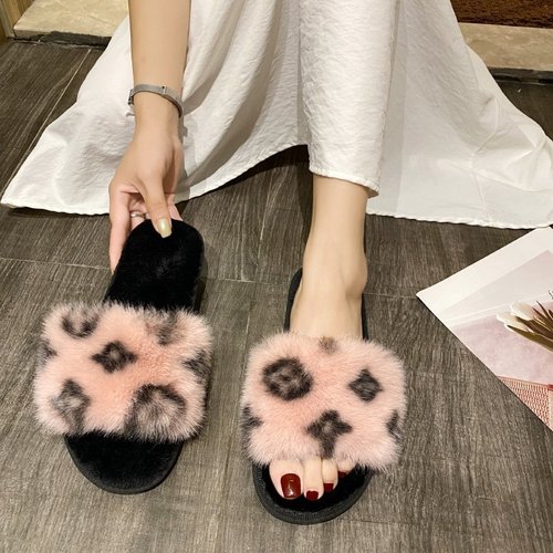 Cross-border foreign trade leopard print fur slippers for women autumn outer wear furry women's shoes sandals non-slip PVC half slippers wholesale