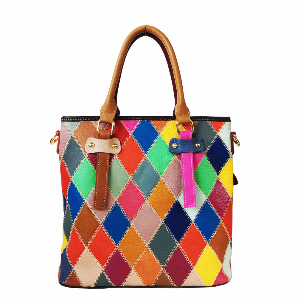 Echtledertasche, Wasserbeuteltasche, farbenfrohe Tasche mit Karomuster, modische Handtasche_voghion.com