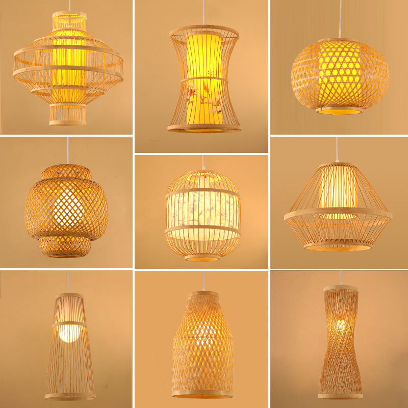 Lámpara de araña de bambú de estilo chino creativo restaurante B & B lámpara de bambú tejida a mano jaula de pájaros olla caliente restaurante lámpara de sala de té
