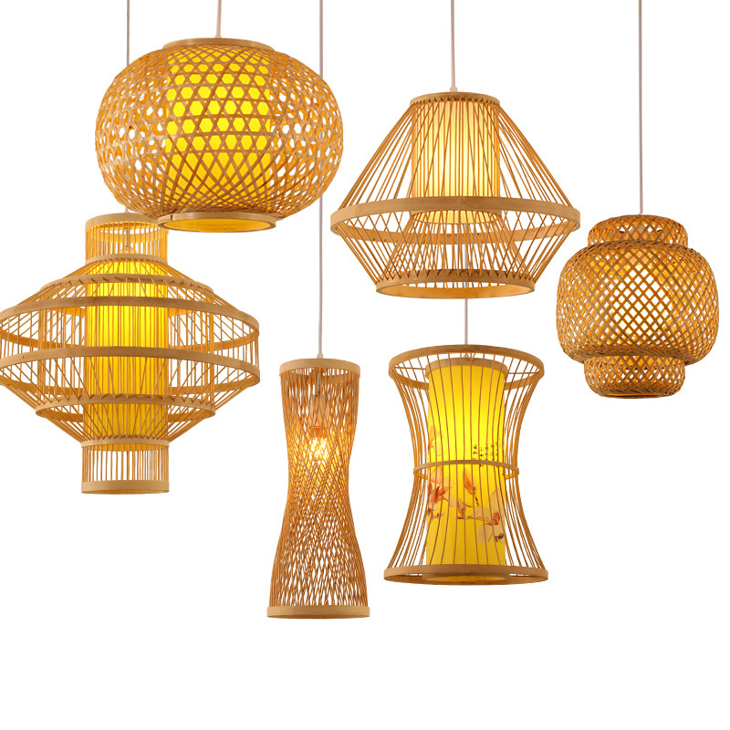 Lámpara de araña de bambú de estilo chino creativo restaurante B & B lámpara de bambú tejida a mano jaula de pájaros olla caliente restaurante lámpara de sala de té