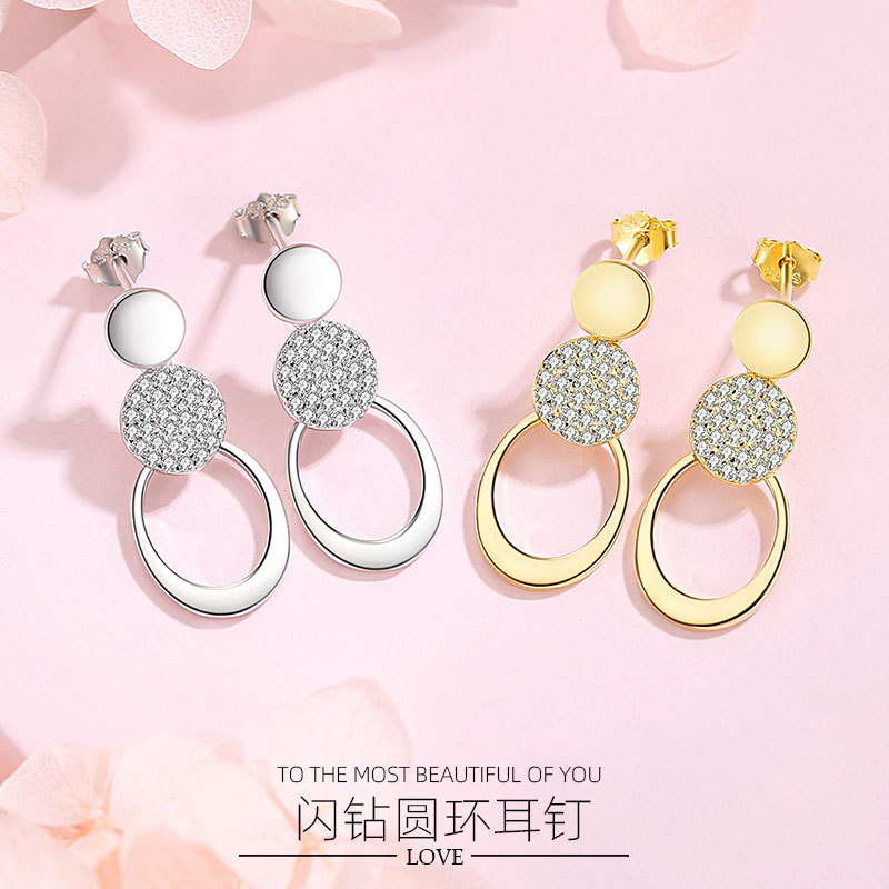 Pendientes redondos Corea del Sur elegante rhinestone largo personalizado pendientes mujeres 925 plata esterlina diseño europeo y americano exagerado pendientes