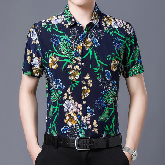 Summer Middle-Aged Men's Daddy Ice Silk Short-Sleeved Printed Shirt No-Iron Business Casual Jacquard Half-Sleeved Cardigan Shirt