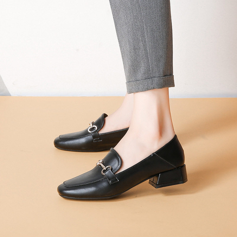 Giày lười nữ da mũi vuông khóa cài kiểu Anh, gót thấp 1–3 cm — Màu mơ, Màu đen