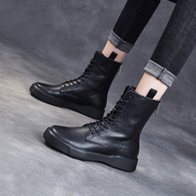 马丁靴女英伦风2022秋冬新款系带机车单靴中筒平底百搭牛皮短靴子