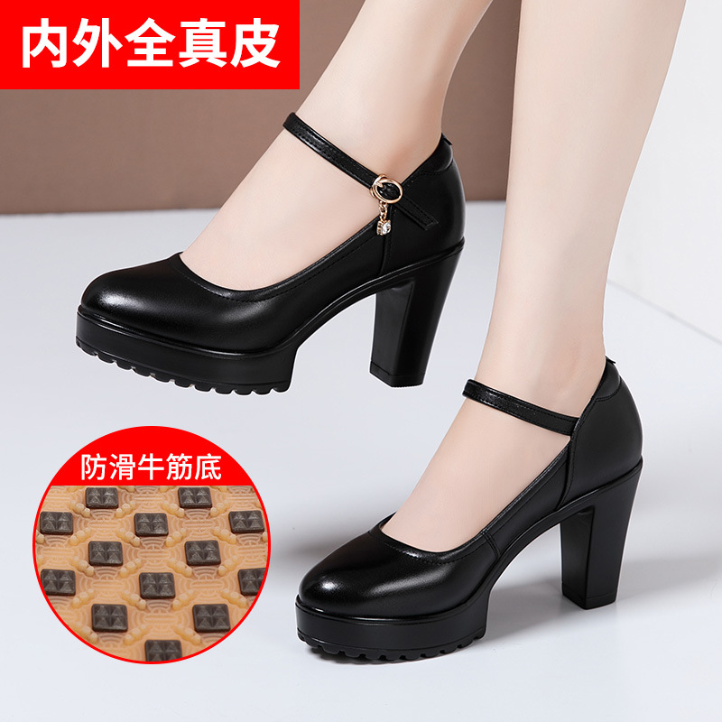 Top layer cowhide cheongsam model catwalk high heels non-slip round toe thick-soled waterproof platform professional work shoes women's single-layer shoes