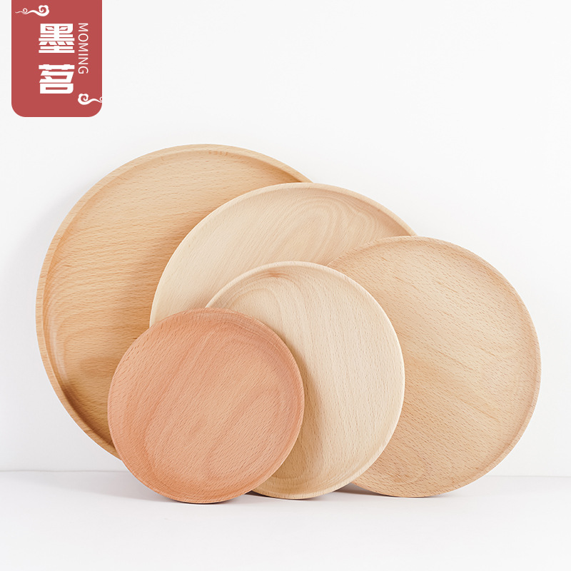 Plato de madera de haya Plato de madera redondo de estilo japonés Plato de comedor de madera maciza Plato de frutas Plato de madera de nueces Bandeja al por mayor