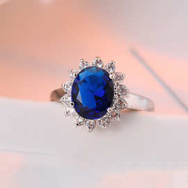跨境专供欧美风经典设计戴安娜英国凯特王妃蓝宝石镶钻可调节戒指
