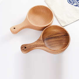 日式榉木相思木柚木吃播泡菜碗带手柄水舀隔热沙拉碗实木圆形餐具