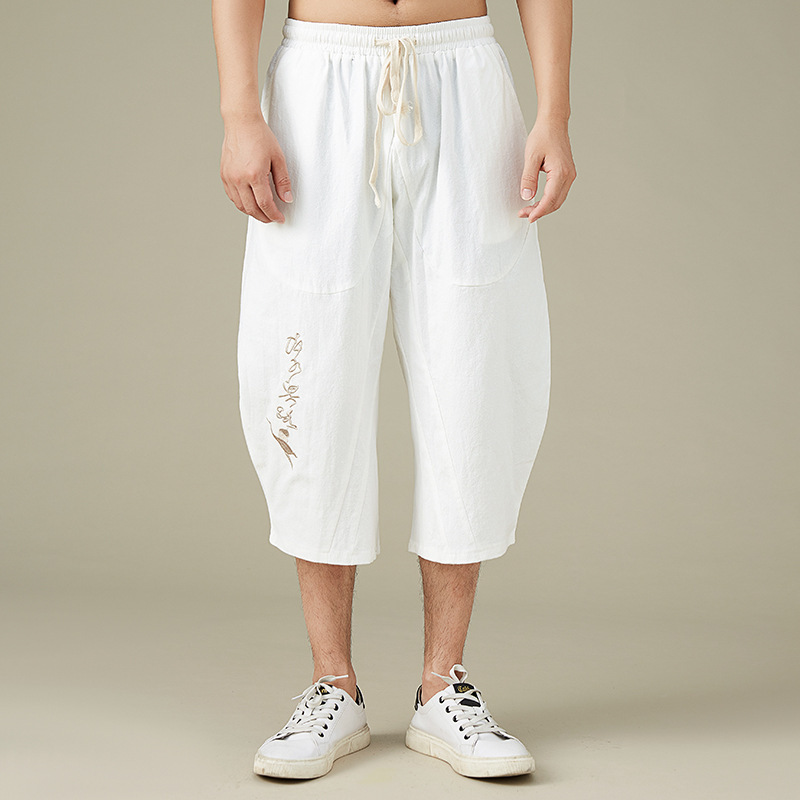 Casual Pants Men's Summer Thin Lantern Loose Cotton and Linen Cropped Casual Pants Cropped Wide Leg Linen Cropped Pants