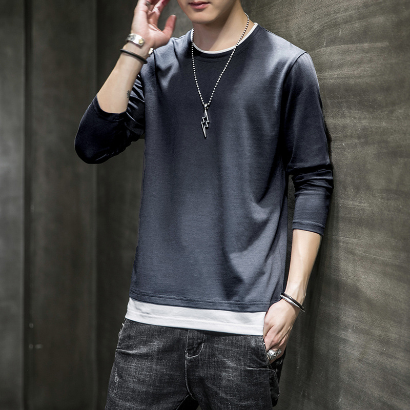 Hombres 2024 Otoño e Invierno nueva camiseta de manga larga de los hombres ins moda casual cuello redondo color sólido algodón de manga larga Camiseta hombres