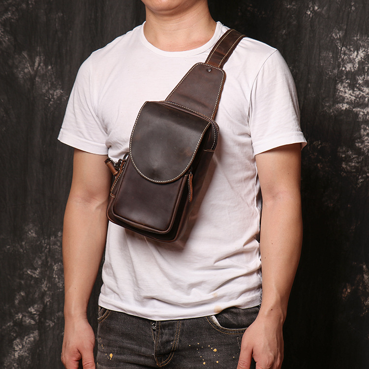Luo Jiaxin's New Men's Casual Genuine Leather Chest Bag, Crazy Horse Leather Crossbody Bag, Summer Sports Shoulder Bag, Cowhide Men's Bag