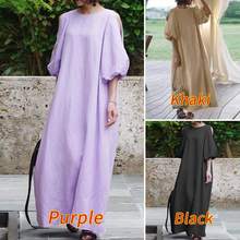 夏季新款连衣裙妇女蓬蓬优雅中袖休闲裙露肩纯色党礼服棉麻裙