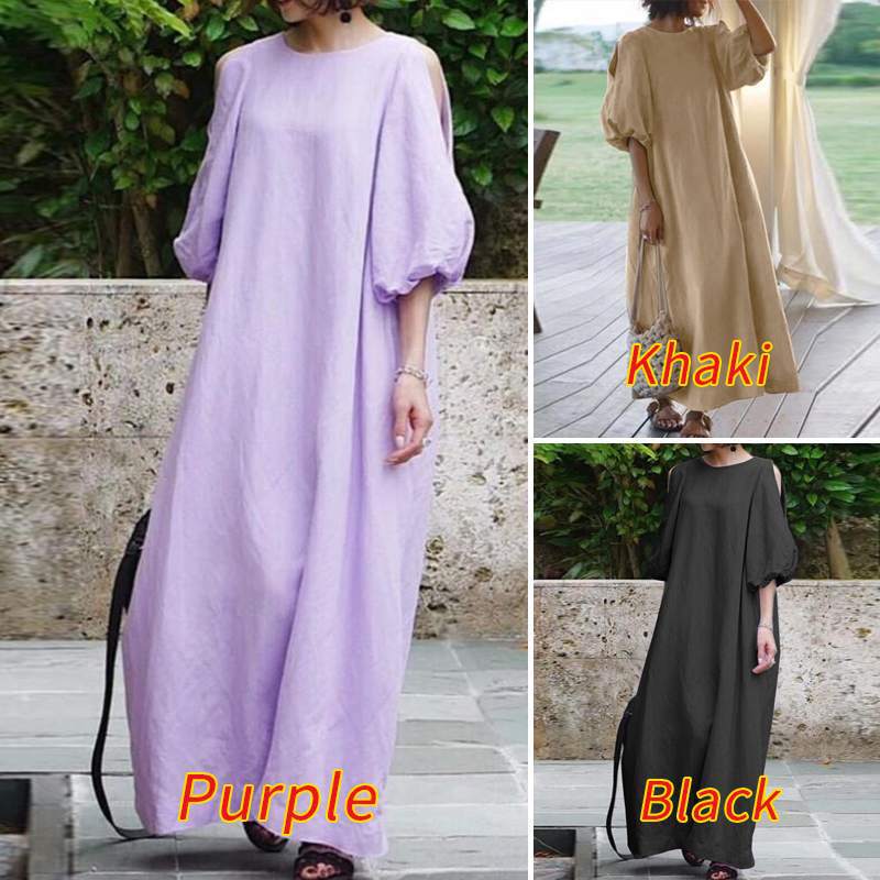 Summer New Style Dress for Women, Elegant Puff Sleeves, Casual Dress, Off-Shoulder, Solid Color Party Dress, Cotton and Linen Dress