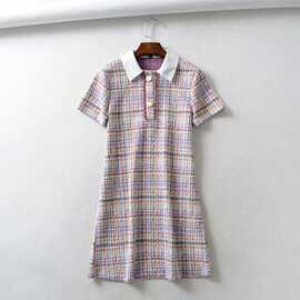 2025春季新款 撞色拼接娃娃领 短袖毛织连衣裙 女