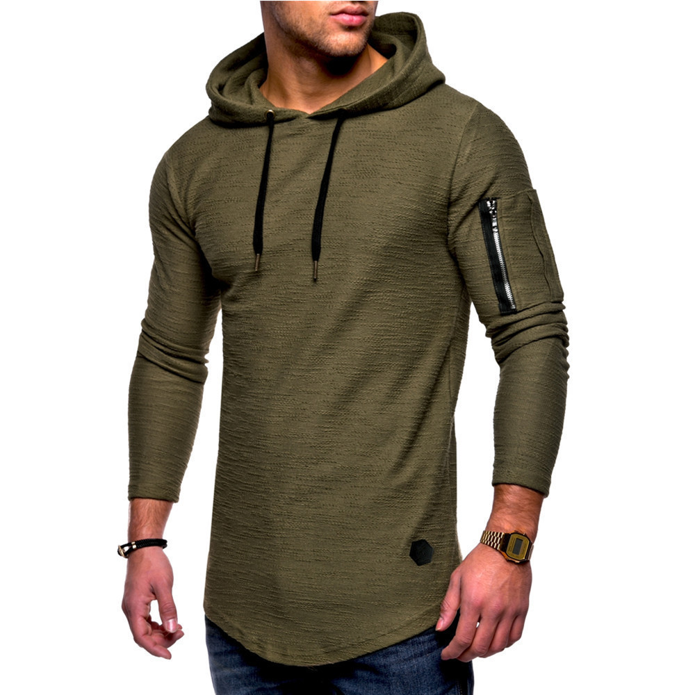 Men's Solid Color Round Neck Hooded Long Sleeve T-Shirt with Arm Zipper Patchwork European and American Style Long T-Shirt