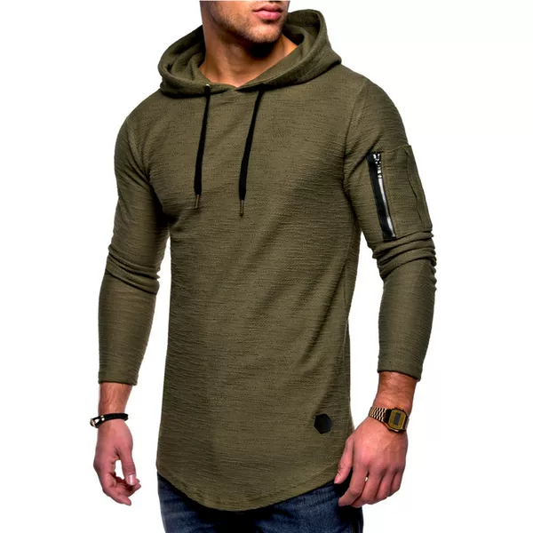 Men's Solid Color Round Neck Hooded Long Sleeve T-Shirt with Arm Zipper Patchwork European and American Style Long T-Shirt