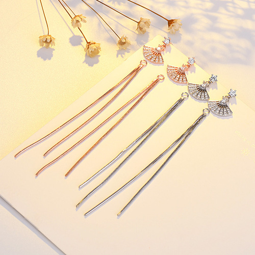 Qiaolanxuan s925 silver needle micro-paved fan-shaped long tassel earrings geometric earrings earrings earrings wholesale