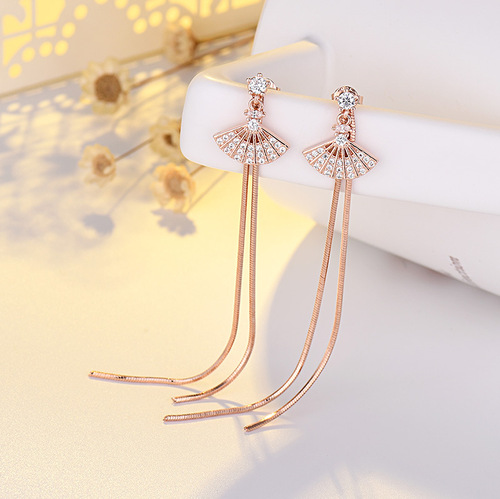 Qiaolanxuan s925 silver needle micro-paved fan-shaped long tassel earrings geometric earrings earrings earrings wholesale
