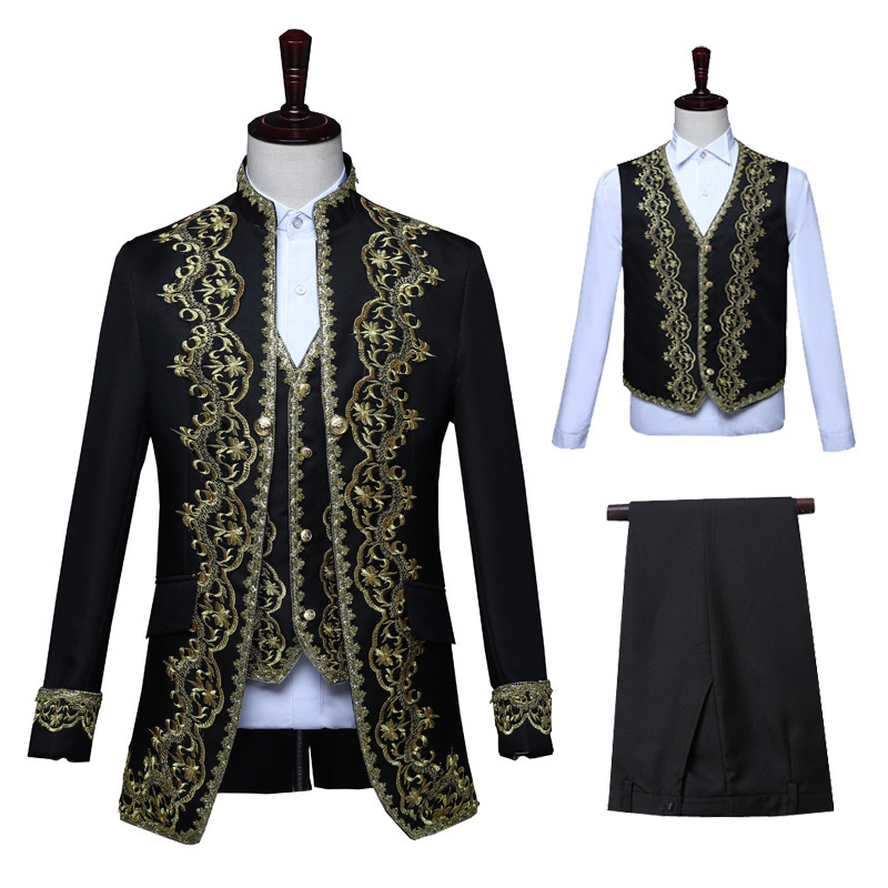 Men's European-style gold-inlaid gown court men's waistcoat three-piece studio costume black and white opera stage table Men's European-style gold-inlaid gown court men's waistcoat three-piece studio costume black and white opera stage table