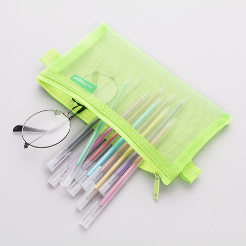 Simple transparent mesh pencil case storage bag, student exam special portable pencil case, large capacity stationery bag wholesale