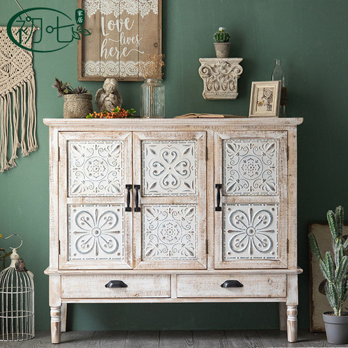 Solid Wood Entryway Cabinet, American Retro Living Room Storage Cabinet, Distressed Carved Home Decor, Loft Industrial Style Storage Cabinet