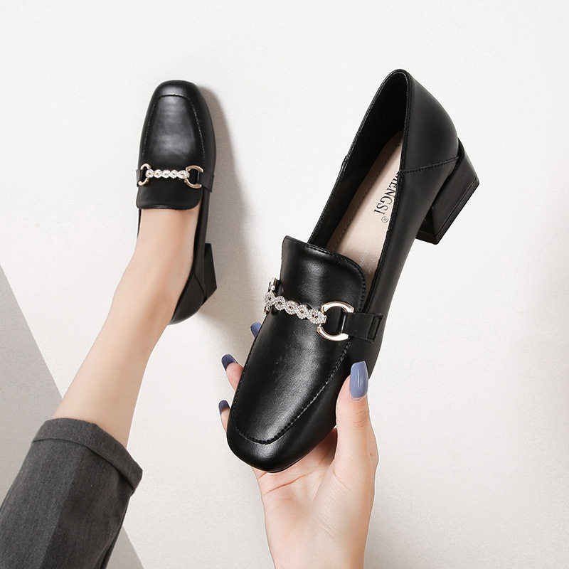 Giày lười nữ mũi vuông gót vuông 3–5 cm phối kim loại và đá trang trí, cỡ lớn — Màu mơ, Màu đen