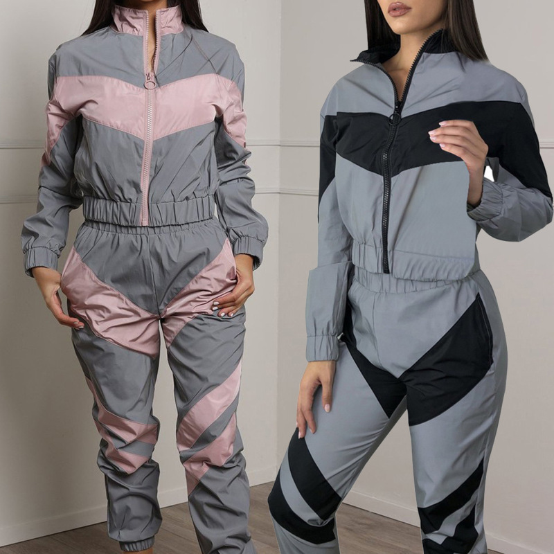 Cross-Border Autumn and Winter European and American Foreign Trade Women's Clothing Large Size Loose Splicing Shiny Sports Export Casual Suit for Women Cross-Border Autumn and Winter European and American Foreign Trade Women's Clothing Large Size Loose Splicing Shiny Sports Export Casual Suit for Women