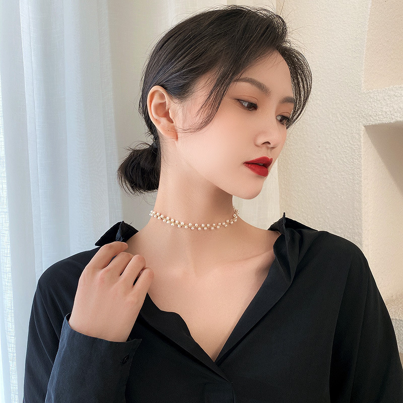 韓国の短いネットの赤い真珠のチェーンの鎖の骨のチェーンのファッションのネックレスの人工的な水晶の首の鎖の首輪のchokerのアクセサリー|undefined
