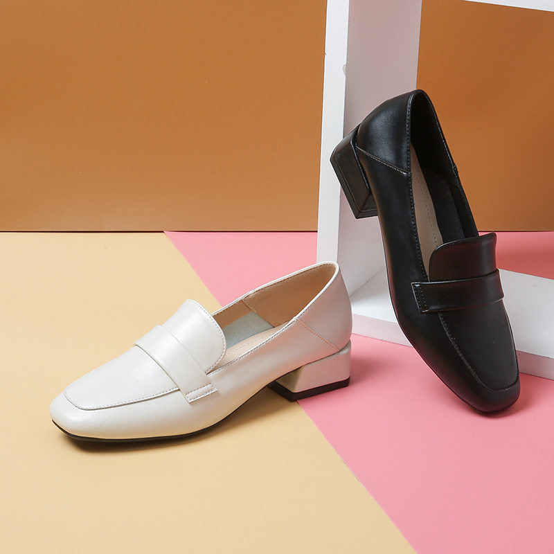 Giày lười nữ mũi vuông gót vuông tăng chiều cao phong cách Anh, gót 3–5 cm — Màu mơ, Màu đen
