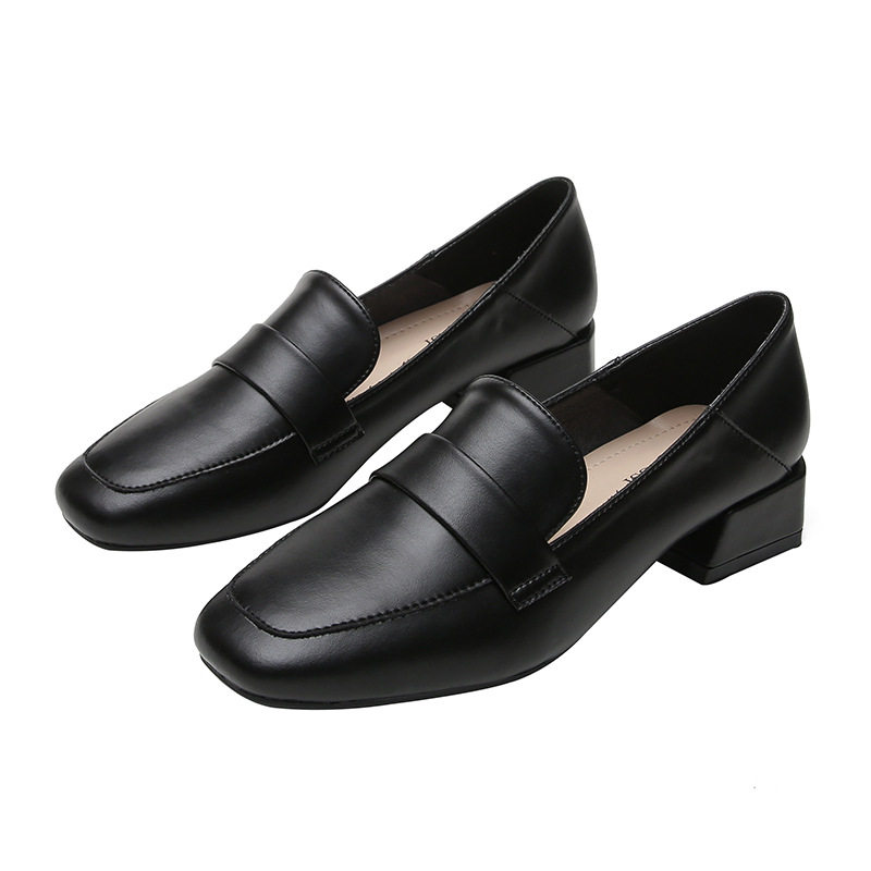 Giày lười nữ mũi vuông gót vuông tăng chiều cao phong cách Anh, gót 3–5 cm — Màu mơ, Màu đen