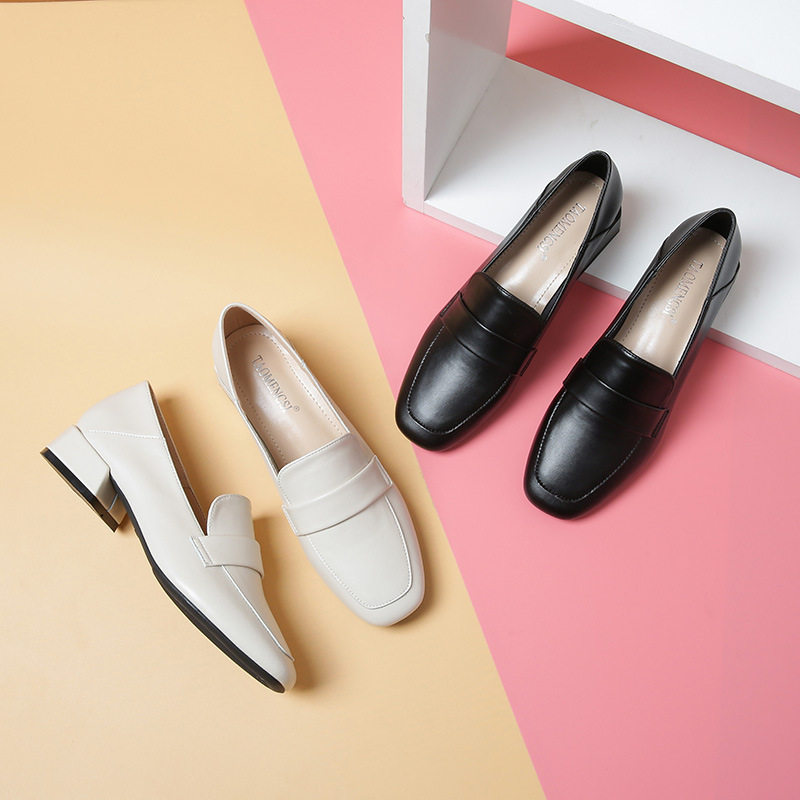Giày lười nữ mũi vuông gót vuông tăng chiều cao phong cách Anh, gót 3–5 cm — Màu mơ, Màu đen