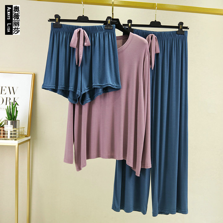 Autumn contrast color modal long-sleeved trousers casual square dance loose plus size plus size pajamas home wear suit