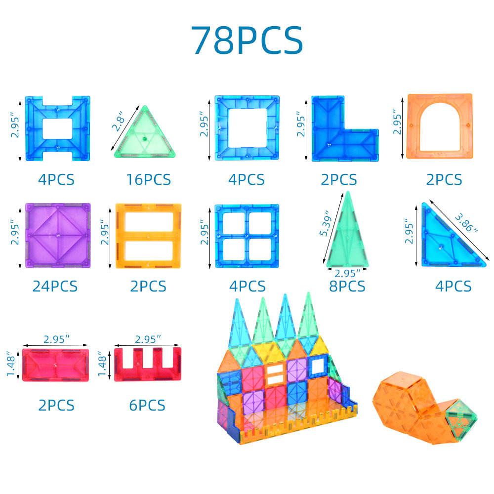 Bloques de construcción magnéticos transfronterizos para ventanas, juguetes educativos magnéticos para niños, 78 piezas en caja de color en inglés.