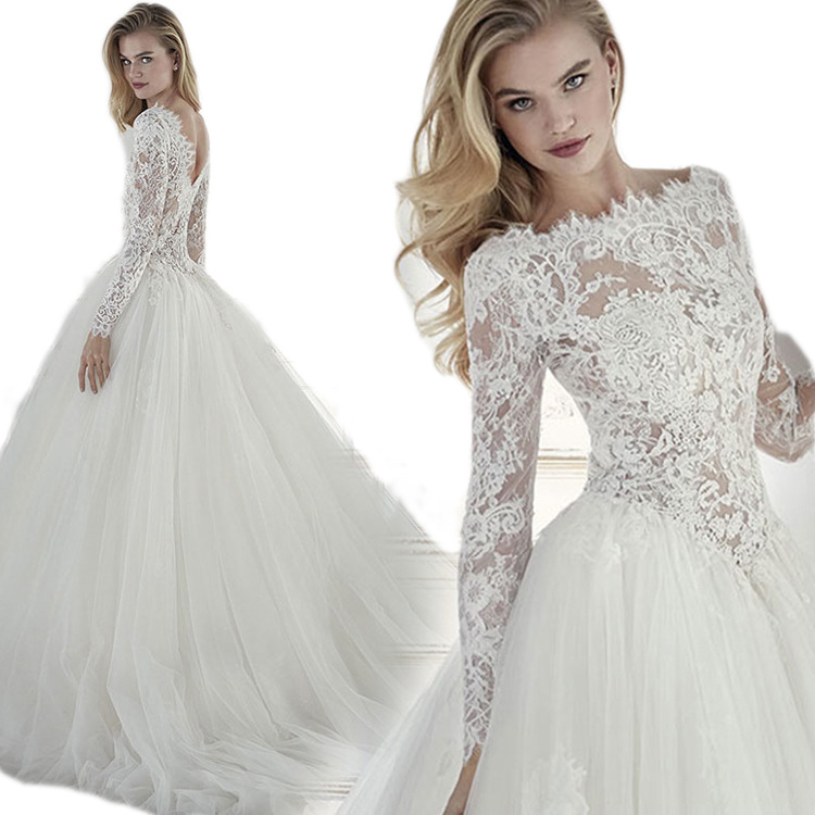 Foreign Trade 2025 New Round Neck Bridal Tail Wedding Dress White Backless Tail Slim Long-Sleeved Lace Wedding Dress