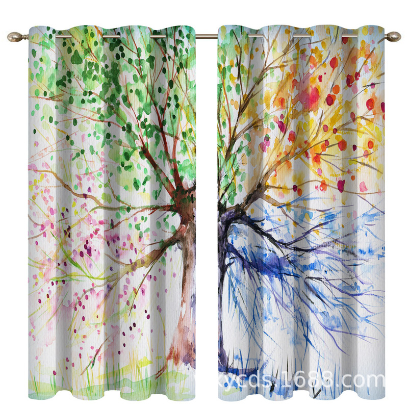 New printed shading curtain perforated Rod curtain foreign trade domestic e-commerce wholesale ink multicolored tree curtain